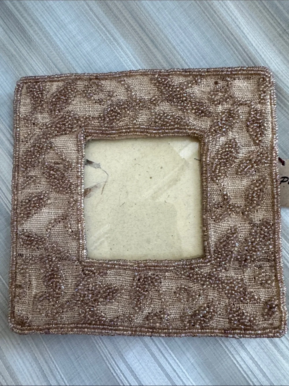 Tan Hand Beaded Silk Square Picture Frame - NWT